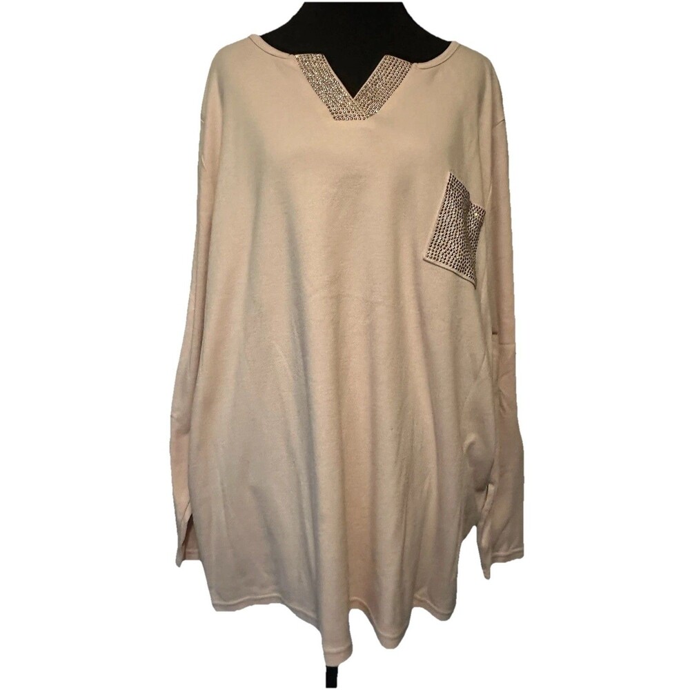 Quacker Factory Sz 3X Blush Pink Long Sleeve Top V Neck Shirt QVC